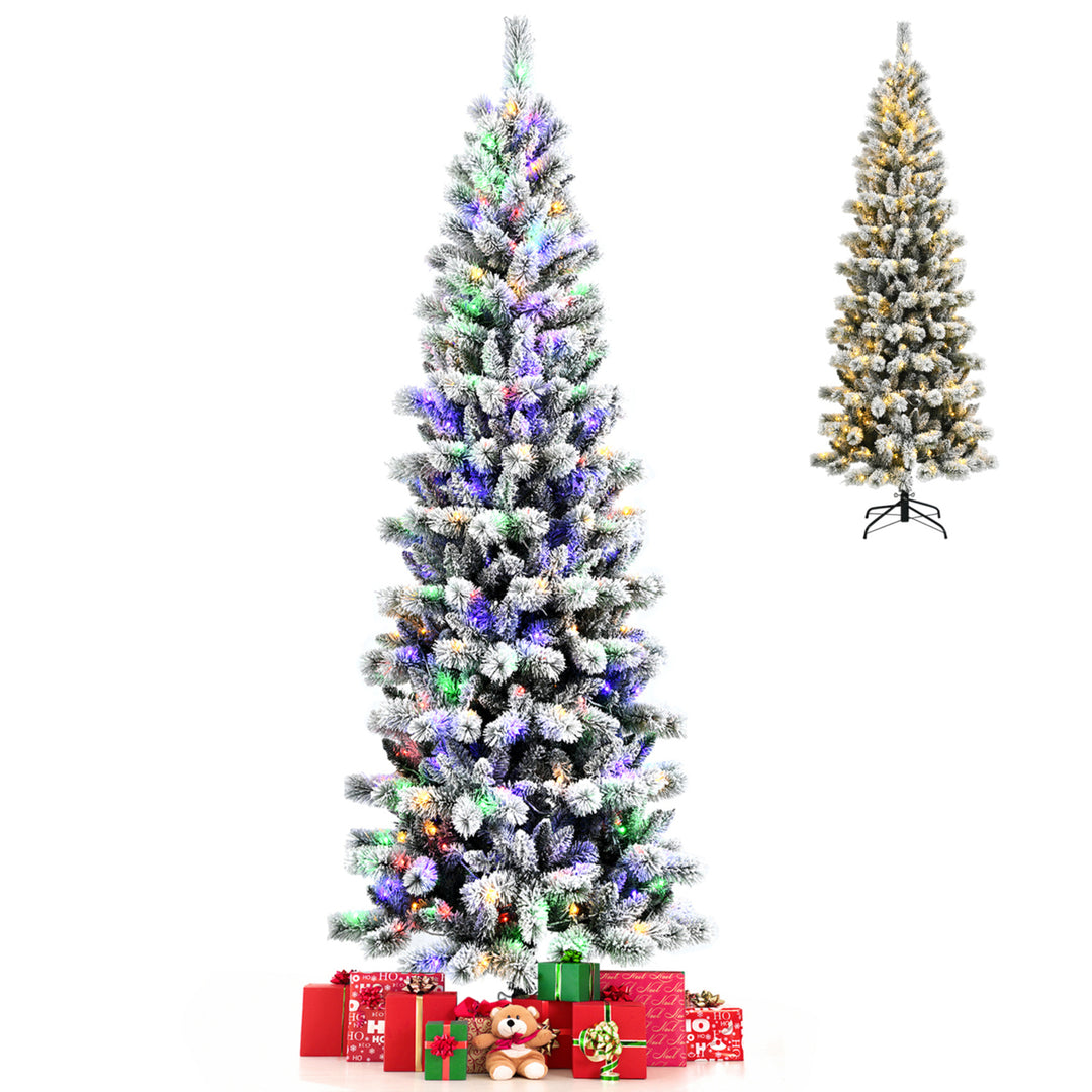 5/6/7.5/8 ft Pre-lit Snow Flocked Artificial Christmas Tree w/ Multi-Color LED Lights Image 5