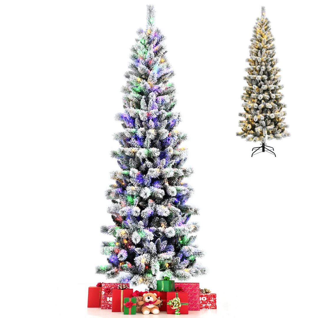 5/6/7.5/8 ft Pre-lit Snow Flocked Artificial Christmas Tree w/ Multi-Color LED Lights Image 1