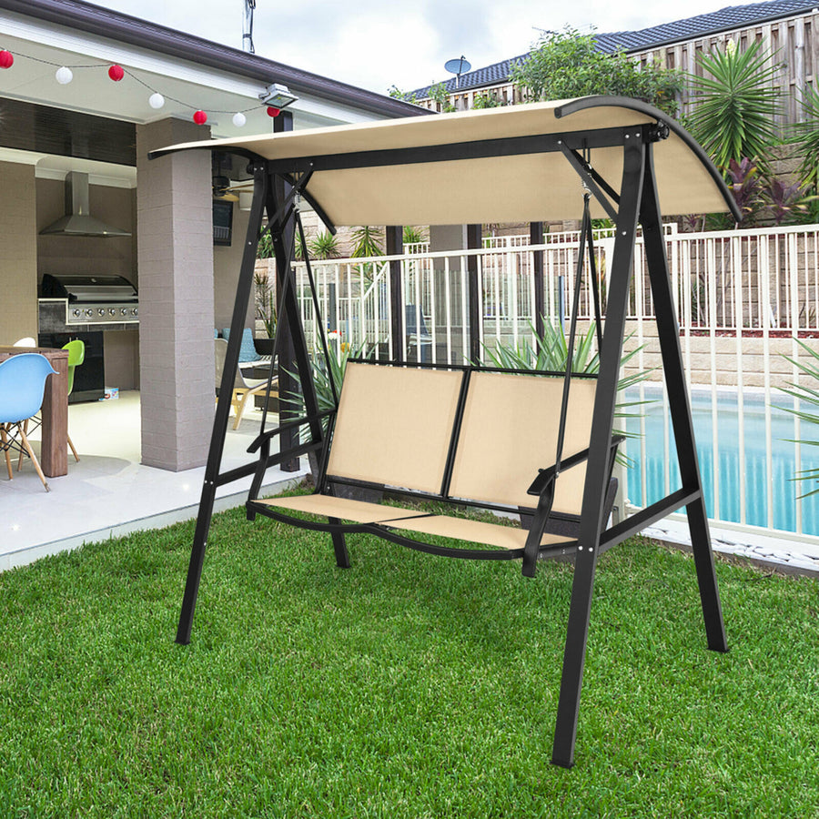 Patio Canopy Swing Outdoor Swing Chair 2-Person Canopy Hammock Beige Image 1