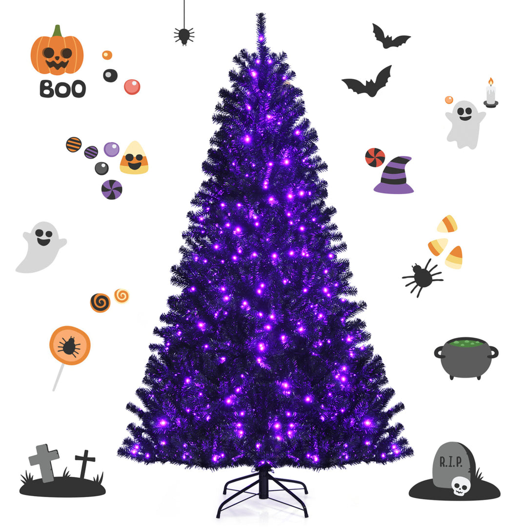 7 FT Pre-lit Black Halloween Tree Artificial Hinged Christmas Image 1