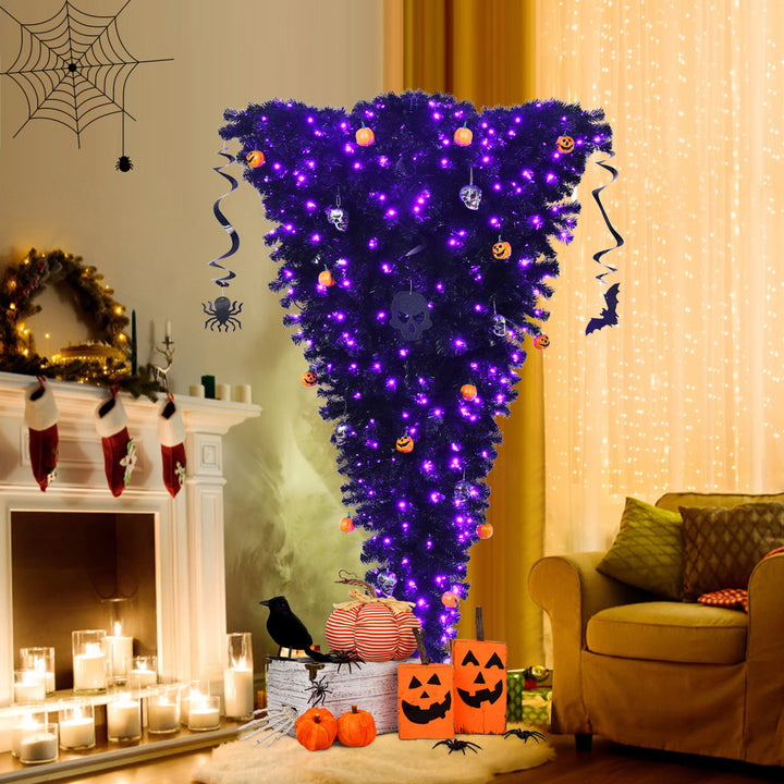 6FT Pre-lit Upside Down Black Halloween Tree Artificial Christmas Image 1