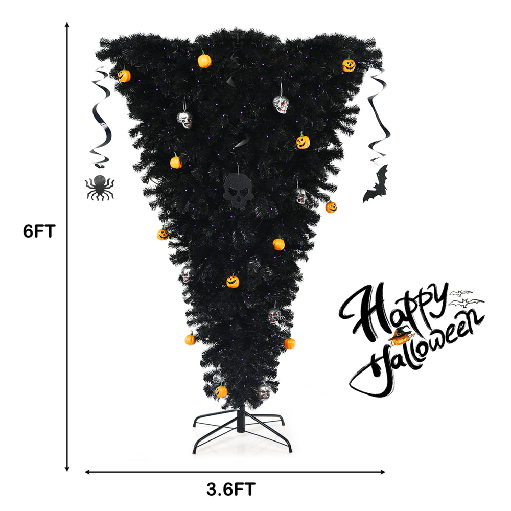 6FT Pre-lit Upside Down Black Halloween Tree Artificial Christmas Image 2