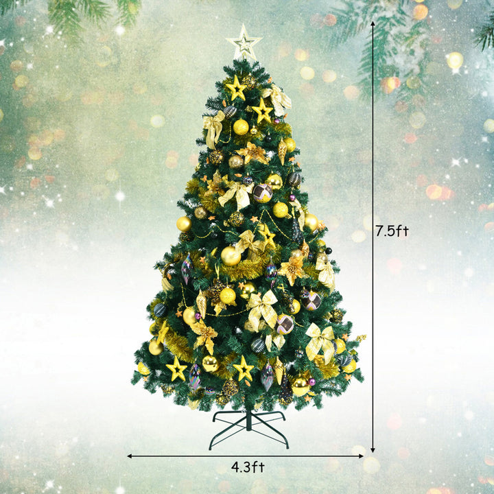 7.5 ft Pre-Lit Christmas Tree Artificial Xmas Tree w/ 140pcs Ornaments Image 2