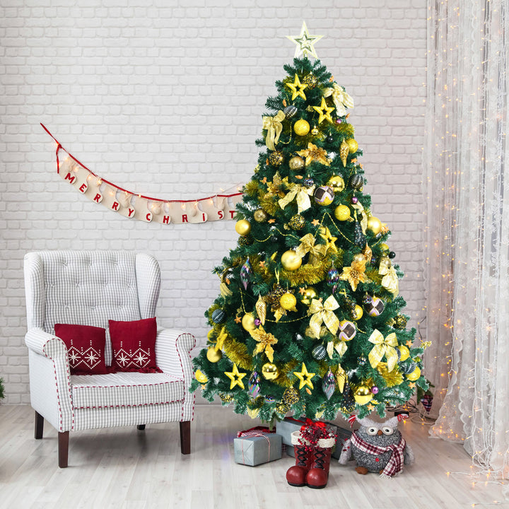 7.5 ft Pre-Lit Christmas Tree Artificial Xmas Tree w/ 140pcs Ornaments Image 3