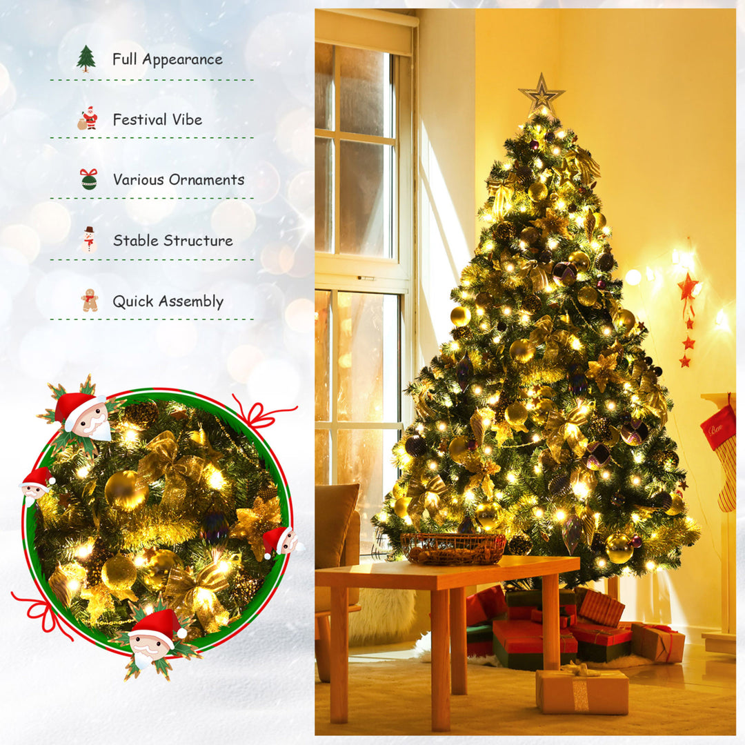 7.5 ft Pre-Lit Christmas Tree Artificial Xmas Tree w/ 140pcs Ornaments Image 7