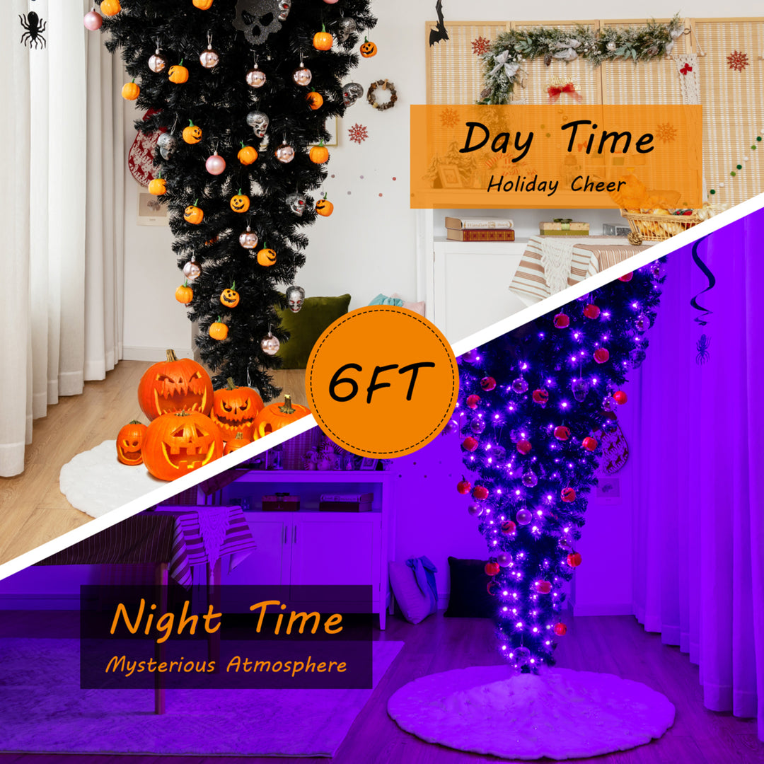 6FT Pre-lit Upside Down Black Halloween Tree Artificial Christmas Image 7