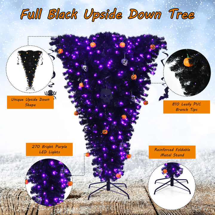 6FT Pre-lit Upside Down Black Halloween Tree Artificial Christmas Image 10