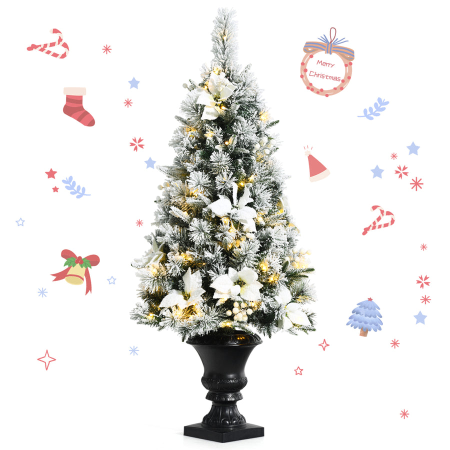 4 FT Pre-lit Christmas Entrance Tree Snow Flocked Xmas Tree w/ LED Lights Image 1