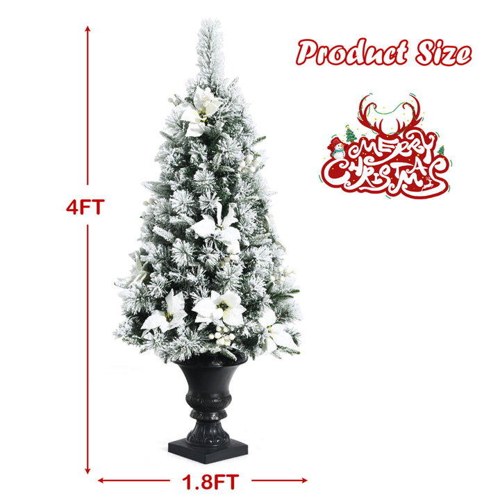 4 FT Pre-lit Christmas Entrance Tree Snow Flocked Xmas Tree w/ LED Lights Image 2