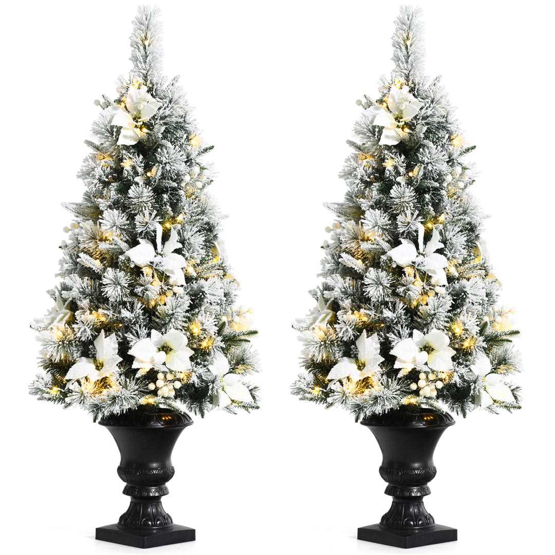 2PCS 4 FT Pre-lit Christmas Entrance Tree Snow Flocked Xmas Tree w/ LED Lights Image 1