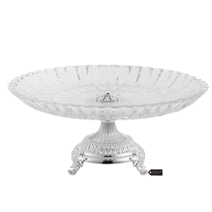 Matashi Cake Plate Centerpiece Decorative Dish, Round Serving Platter w/ Silver Plated Pedestal Base for Weddings Image 1