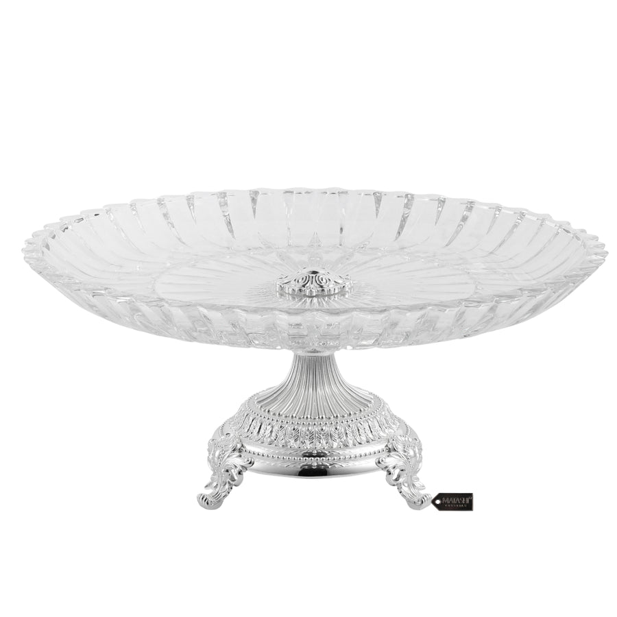 Matashi Cake Plate Centerpiece Decorative Dish, Round Serving Platter w/ Silver Plated Pedestal Base for Weddings Image 1