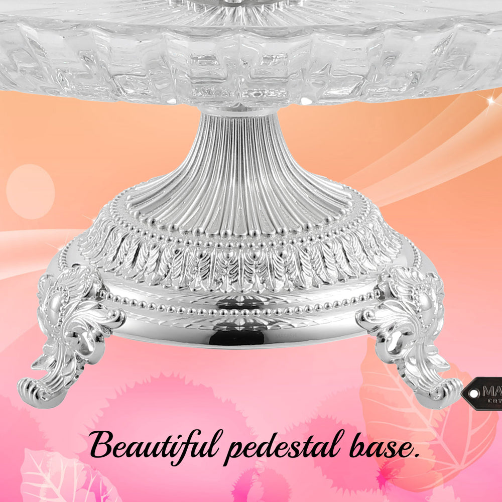 Matashi Cake Plate Centerpiece Decorative Dish, Round Serving Platter w/ Silver Plated Pedestal Base for Weddings Image 2