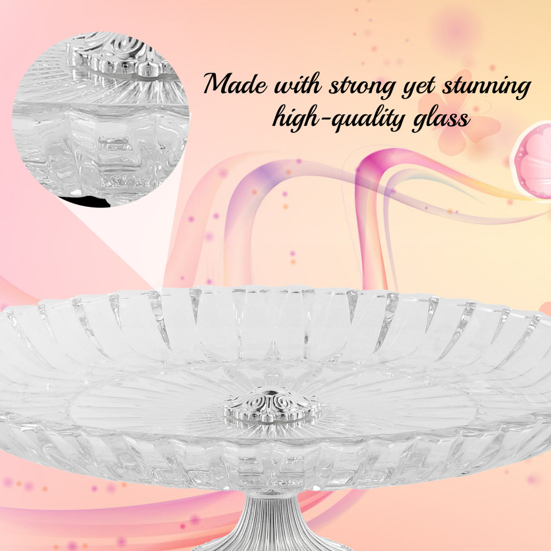 Matashi Cake Plate Centerpiece Decorative Dish, Round Serving Platter w/ Silver Plated Pedestal Base for Weddings Image 3