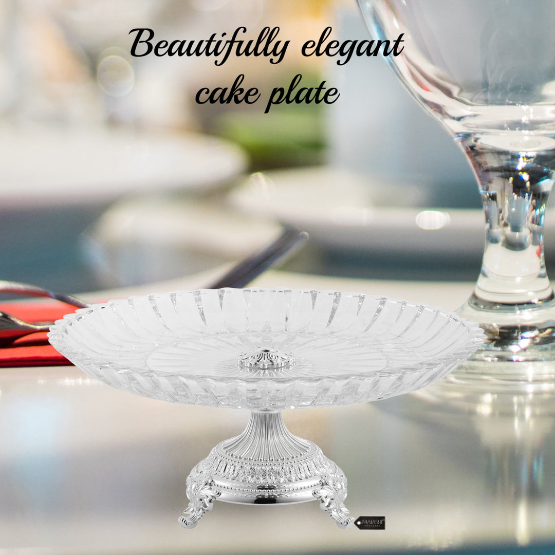 Matashi Cake Plate Centerpiece Decorative Dish, Round Serving Platter w/ Silver Plated Pedestal Base for Weddings Image 4