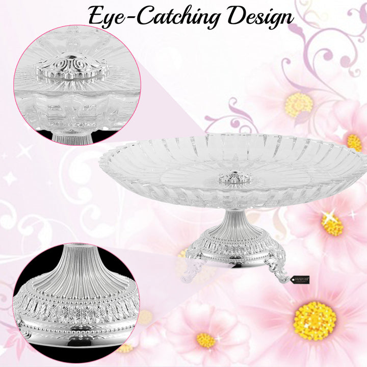 Matashi Cake Plate Centerpiece Decorative Dish, Round Serving Platter w/ Silver Plated Pedestal Base for Weddings Image 5