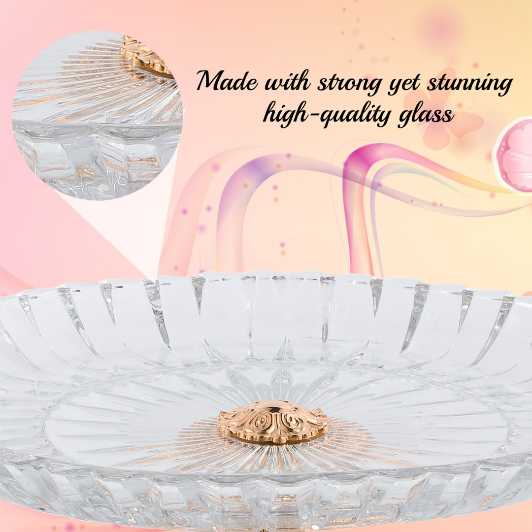 Matashi Cake Plate Centerpiece Decorative Dish, Round Serving Platter w/ Rose Gold Plated Pedestal Base for Weddings Image 3