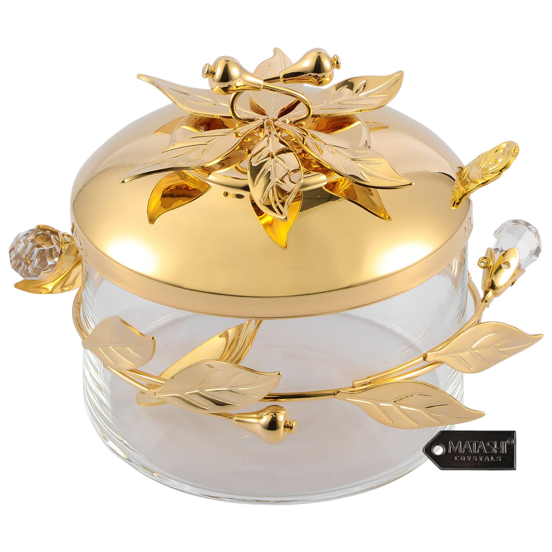 Matashi 24K Gold Plated Sugar Bowl, Honey Dish, Candy Dish Glass Bowl Flower and Vine Design w/ Spoon Gift for Christmas Image 1