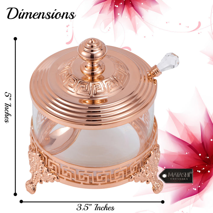 Matashi Rose Gold Sugar Bowl, Honey Dish, Candy Dish Glass Bowl - Contemporary Design with Crystal Studded Spoon Gift Image 6