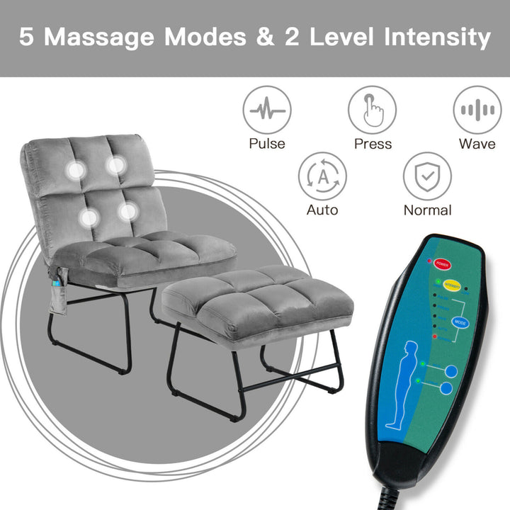 Electric Massage Chair Vibrating Velvet Sofa w/Ottoman and Remote Control Gray Image 6