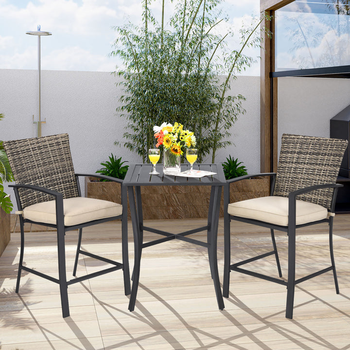 3PCS Patio Rattan Bar Furniture Set Slat Table 2 Cushioned Stools Poolside Gray Image 1