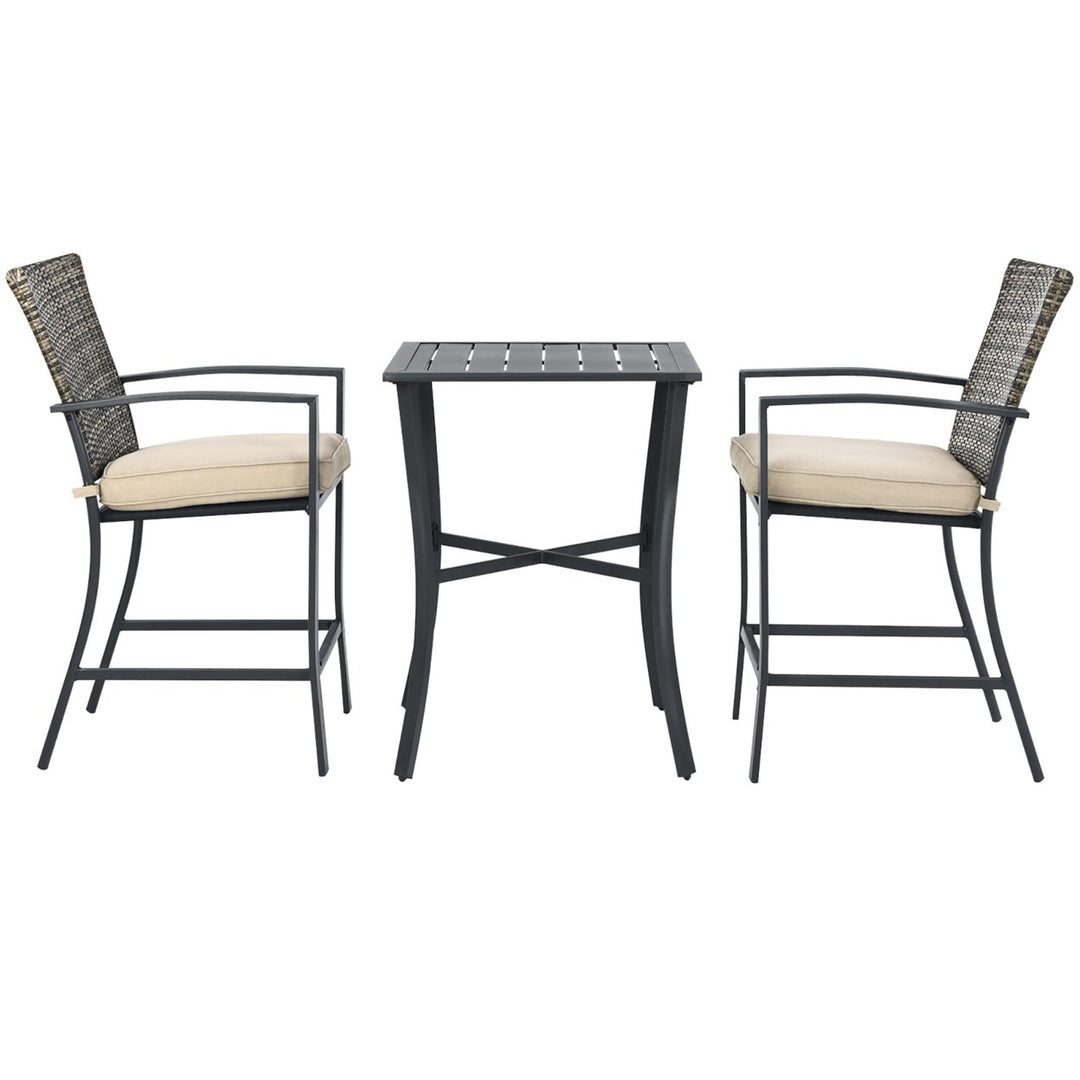 3PCS Patio Rattan Bar Furniture Set Slat Table 2 Cushioned Stools Poolside Gray Image 7