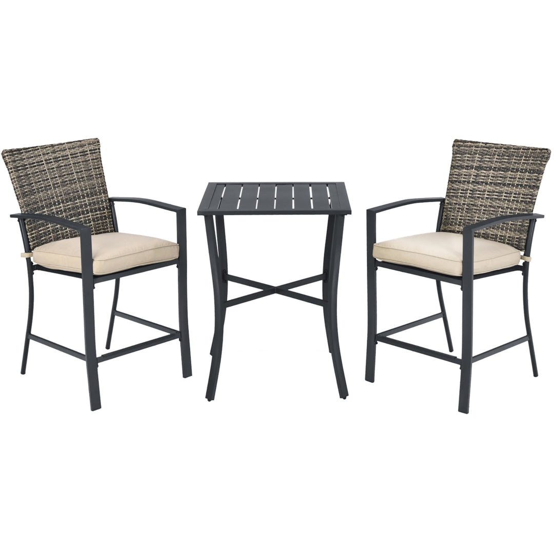 3PCS Patio Rattan Bar Furniture Set Slat Table 2 Cushioned Stools Poolside Gray Image 8