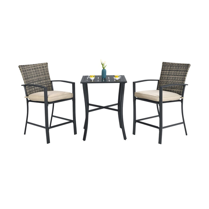 3PCS Patio Rattan Bar Furniture Set Slat Table 2 Cushioned Stools Poolside Gray Image 9