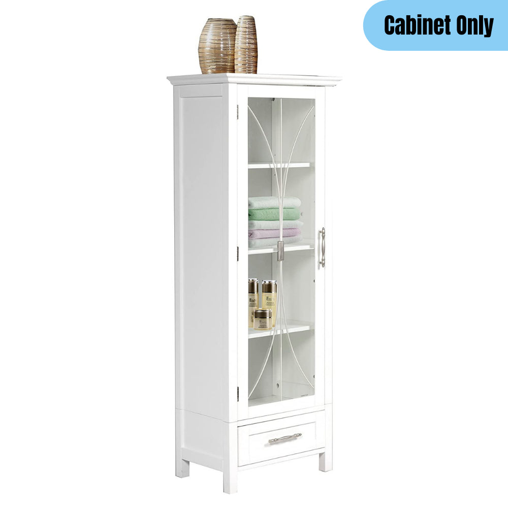 Glass Door Bathroom Linen Cabinet w/ Drawer Storage Classic Elegant Style White Image 1