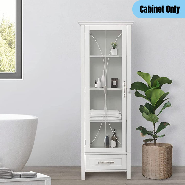 Glass Door Bathroom Linen Cabinet w/ Drawer Storage Classic Elegant Style White Image 2