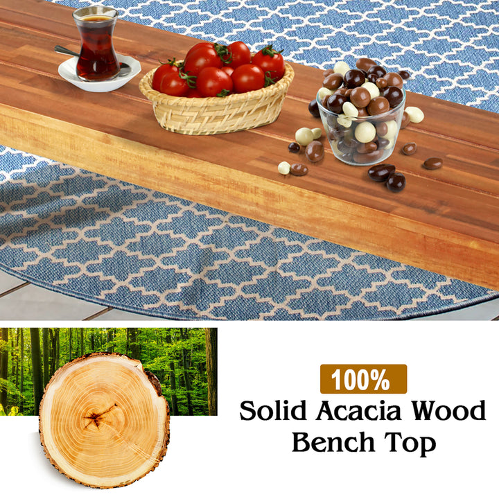 Patio Acacia Wood Dining Bench Seat with Rustic Steel Legs for Outdoor Indoor Image 5