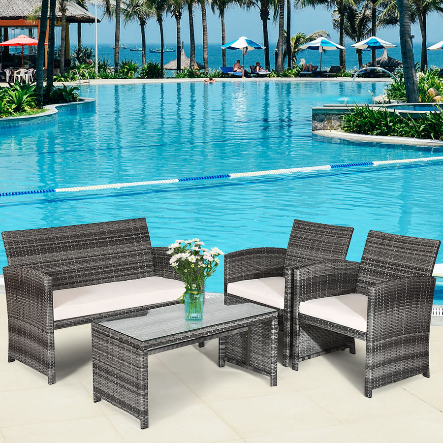 4PCS Patio Rattan Furniture Set Conversation Glass Table Top Cushioned Sofa White Image 1