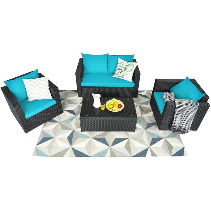 4PC Rattan Patio Furniture Set Outdoor Wicker With Turquoise Cushion Image 1