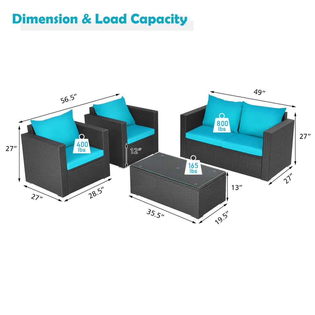 4PC Rattan Patio Furniture Set Outdoor Wicker With Turquoise Cushion Image 2