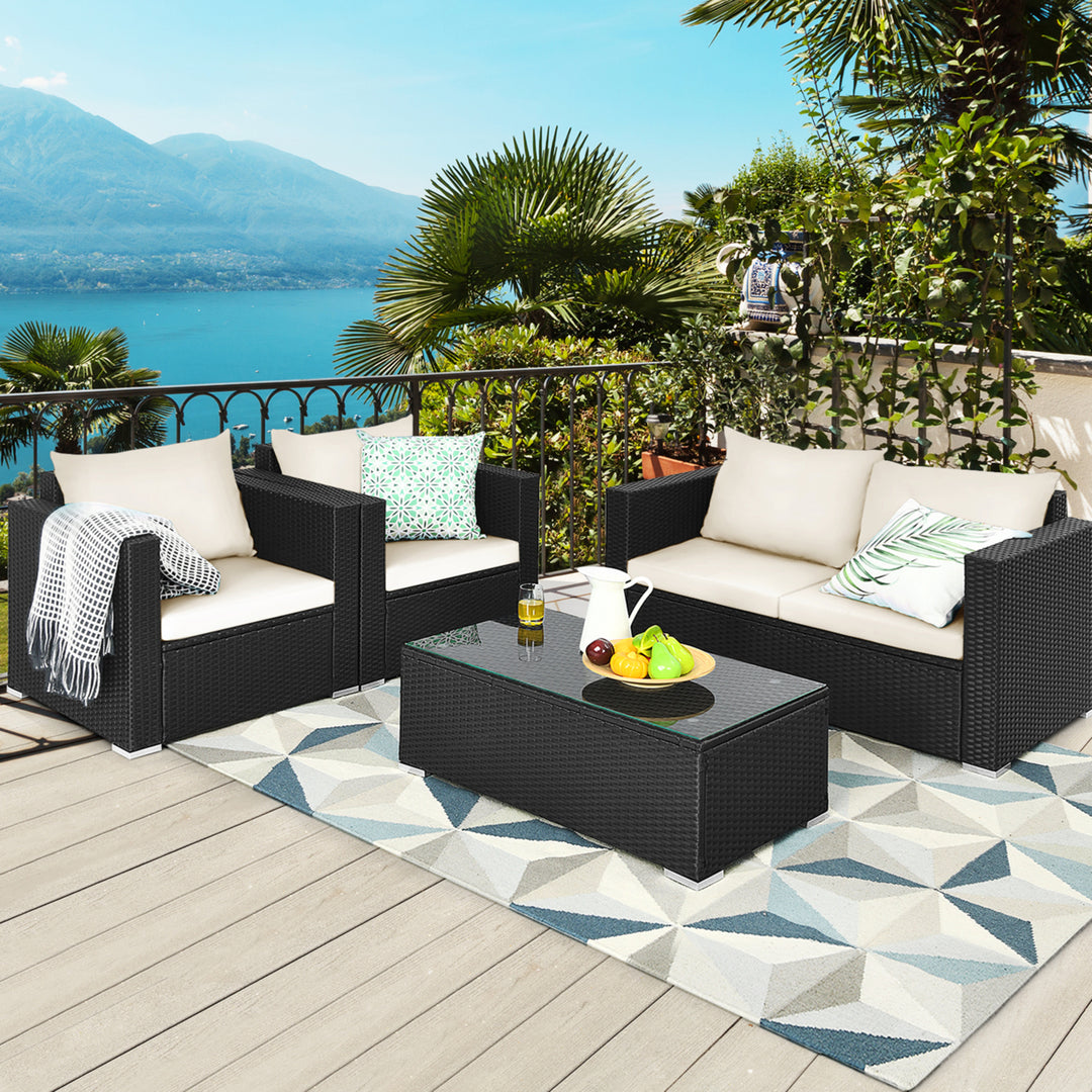 4PCS Rattan Patio Conversation Set Outdoor Furniture Set w/ Cushions Image 4