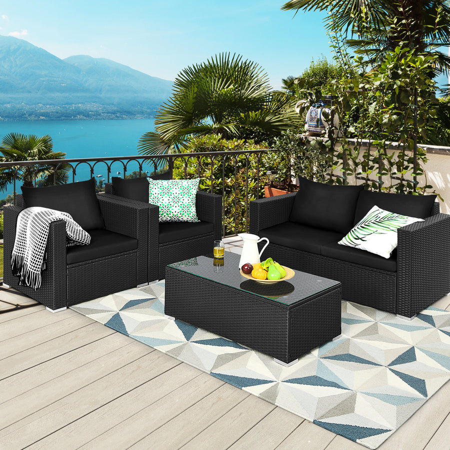 4PCS Rattan Patio Conversation Set Outdoor Furniture Set w/ Black Cushions Image 1