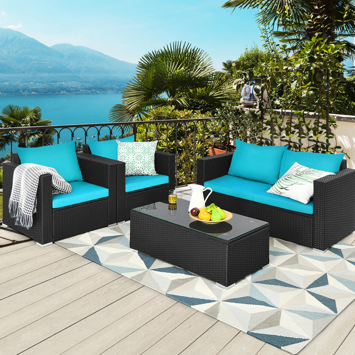 4PC Rattan Patio Furniture Set Outdoor Wicker With Turquoise Cushion Image 4