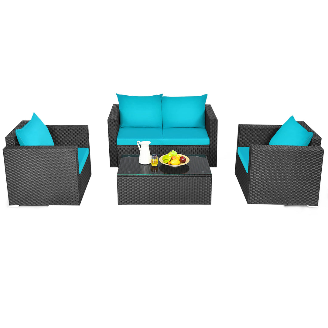 4PC Rattan Patio Furniture Set Outdoor Wicker With Turquoise Cushion Image 5