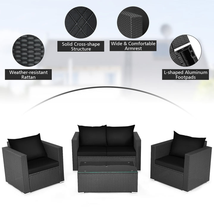 4PCS Rattan Patio Conversation Set Outdoor Furniture Set w/ Black Cushions Image 3