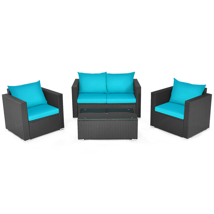 4PC Rattan Patio Furniture Set Outdoor Wicker With Turquoise Cushion Image 6