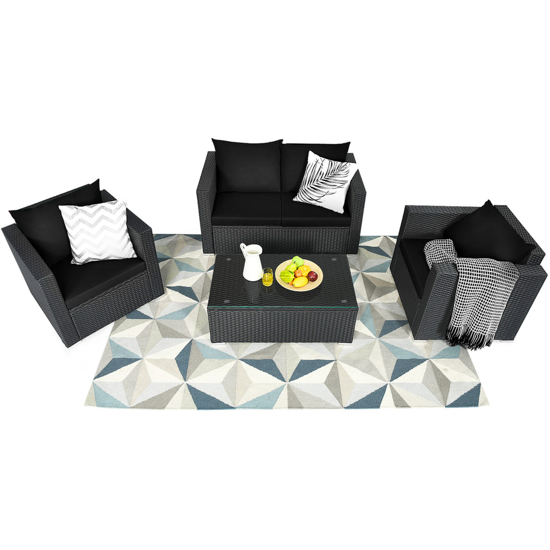 4PCS Rattan Patio Conversation Set Outdoor Furniture Set w/ Black Cushions Image 4