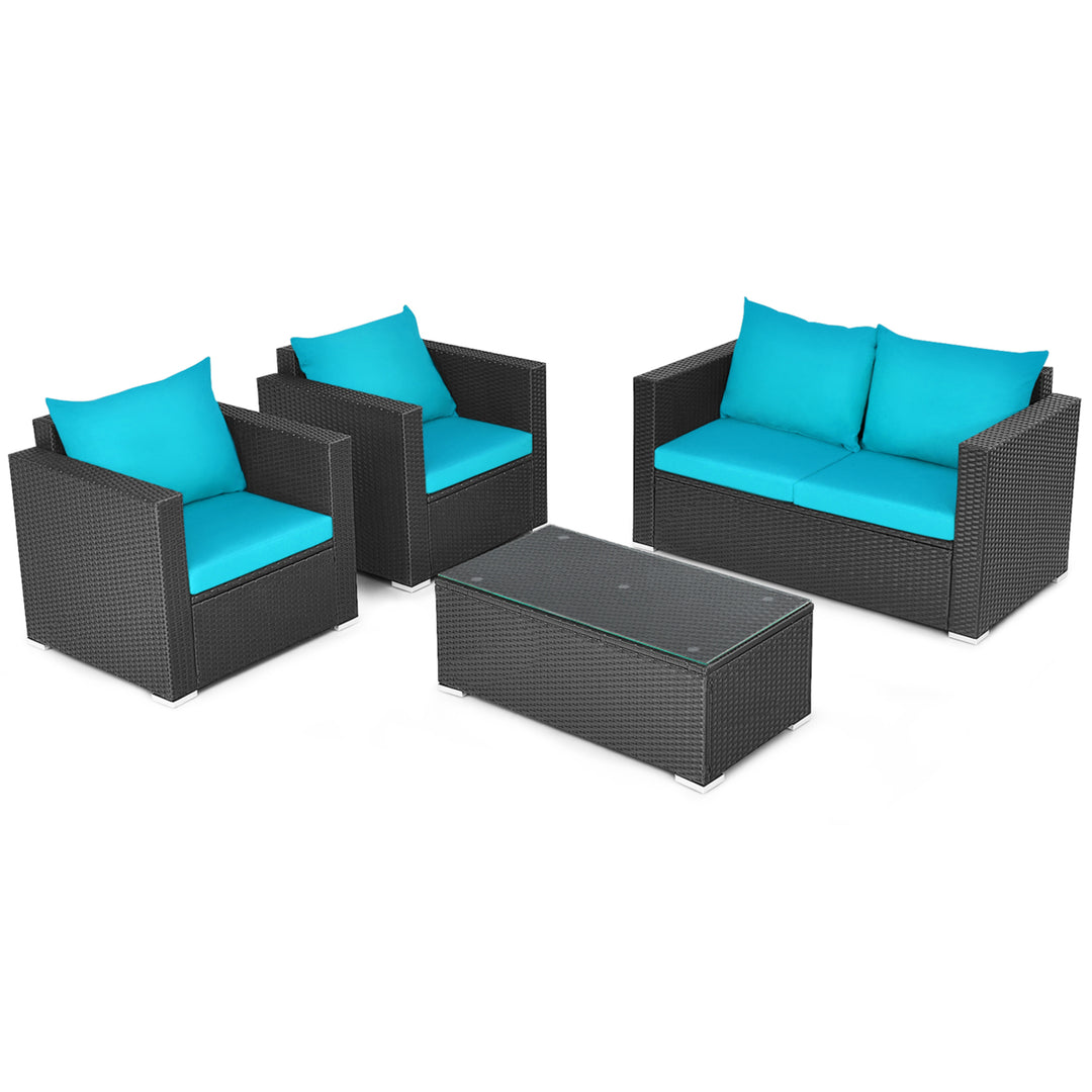 4PC Rattan Patio Furniture Set Outdoor Wicker With Turquoise Cushion Image 7