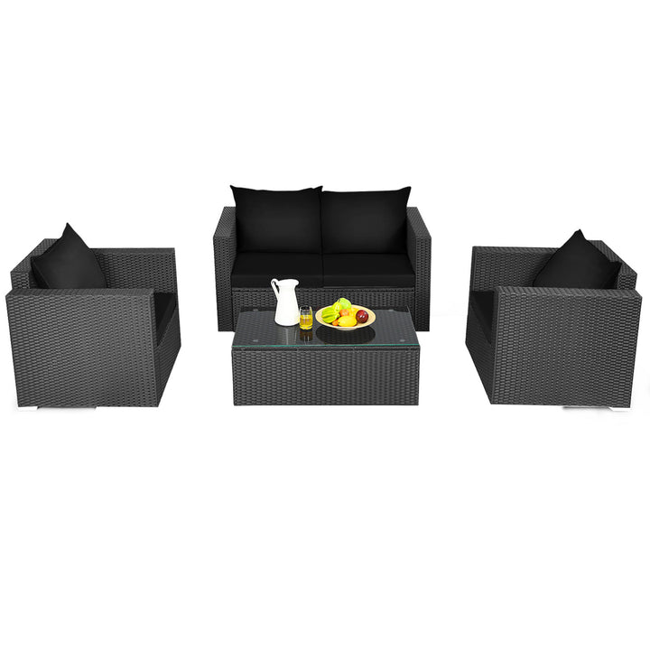 4PCS Rattan Patio Conversation Set Outdoor Furniture Set w/ Black Cushions Image 5