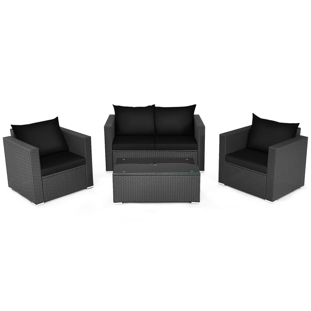 4PCS Rattan Patio Conversation Set Outdoor Furniture Set w/ Black Cushions Image 2