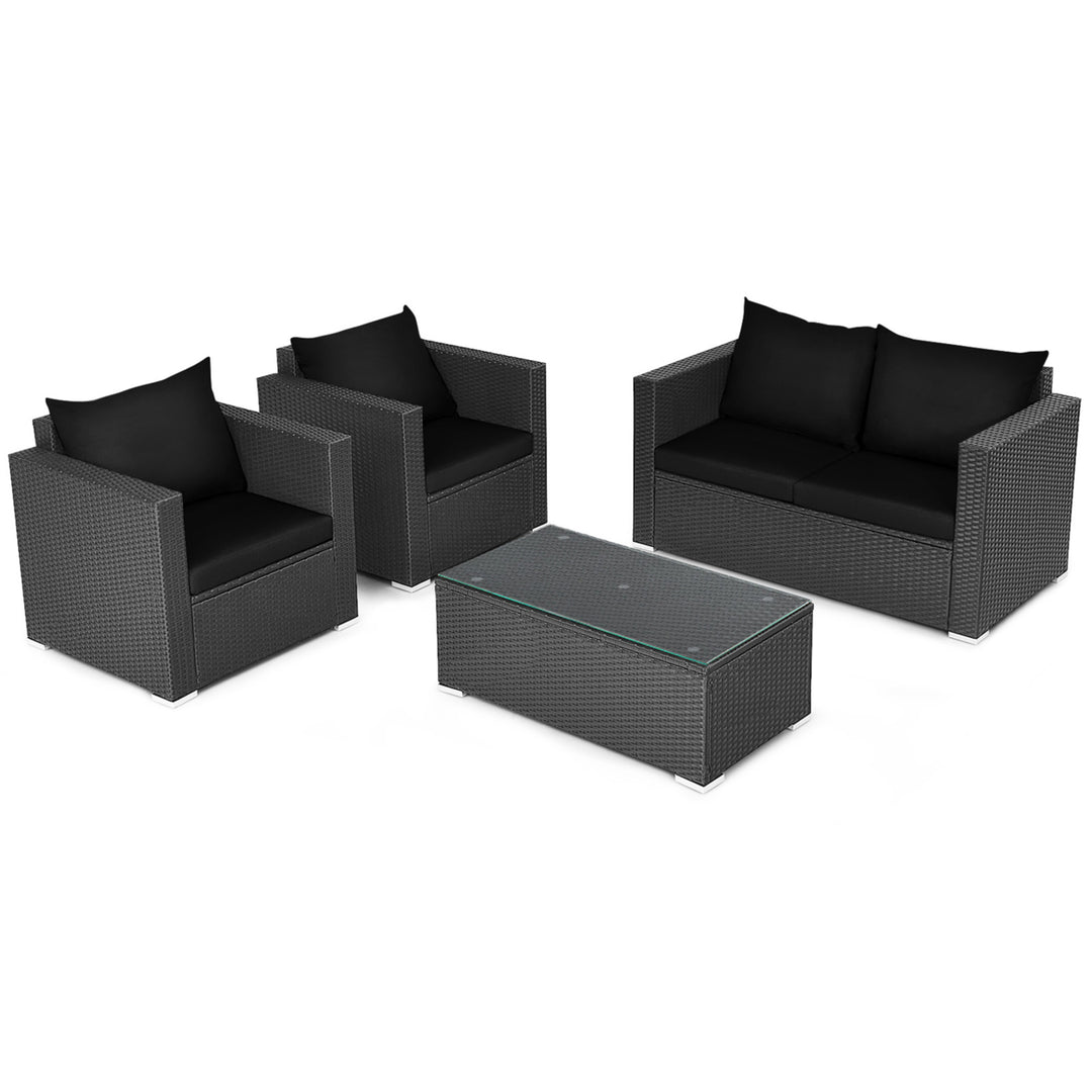 4PCS Rattan Patio Conversation Set Outdoor Furniture Set w/ Black Cushions Image 7