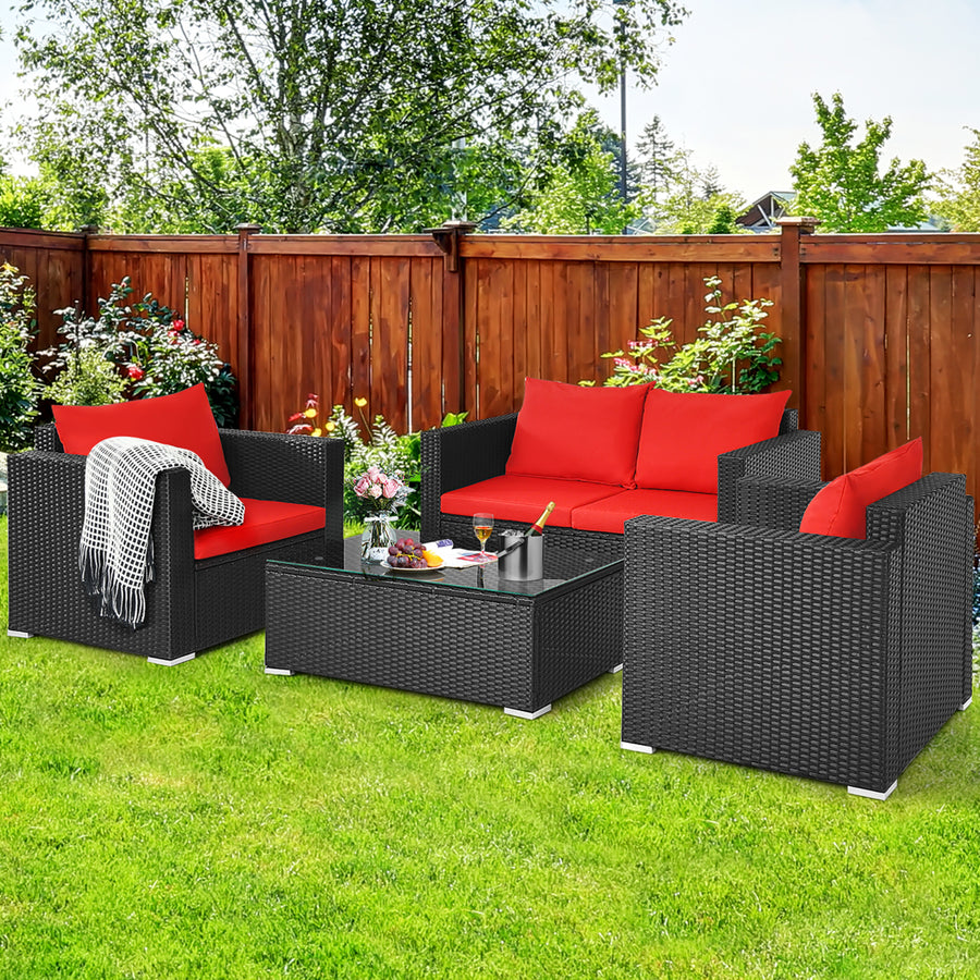 4PCS Patio Rattan Furniture Set Cushioned Sofa Chair Coffee Table Garden Red Image 1