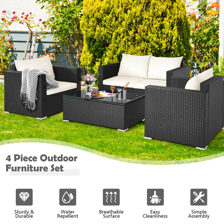 4PCS Patio Rattan Furniture Set Cushioned Sofa Chair Coffee Table Off White Image 5