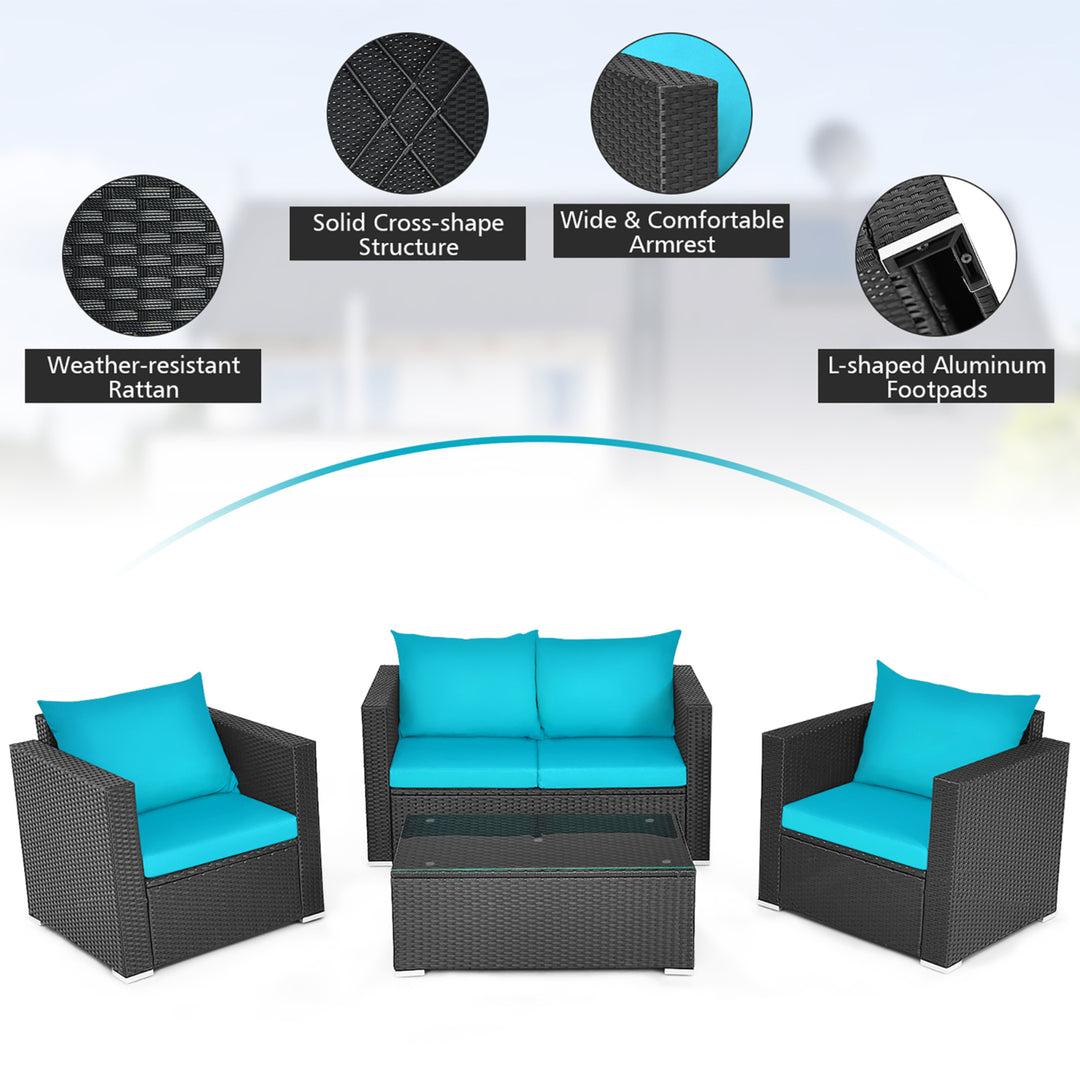 4PCS Patio Rattan Cushioned Sofa Chair Coffee Table Turquoise Image 8