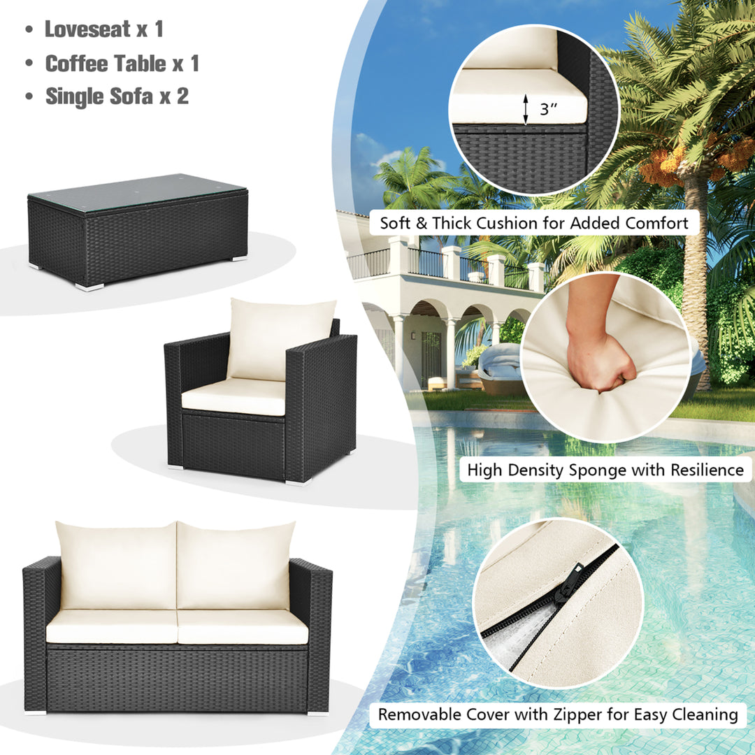 4PCS Patio Rattan Furniture Set Cushioned Sofa Chair Coffee Table Off White Image 7