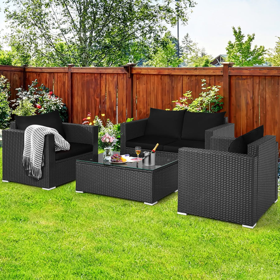 4PCS Patio Rattan Furniture Set Cushioned Sofa Chair Coffee Table Black Image 1